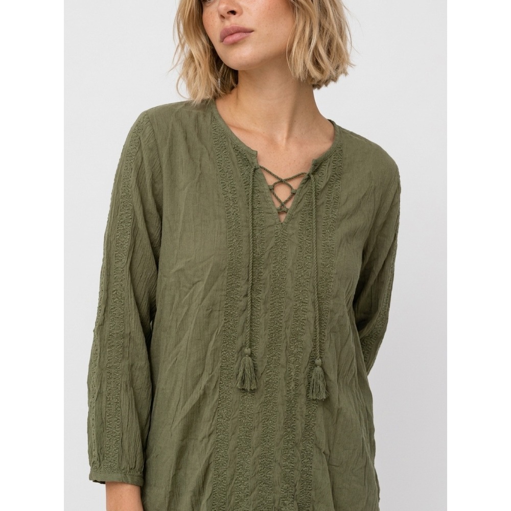 Lauren Ralph Lauren Olive Green Embroidered Lace Up Tassel Peasant Blouse XL